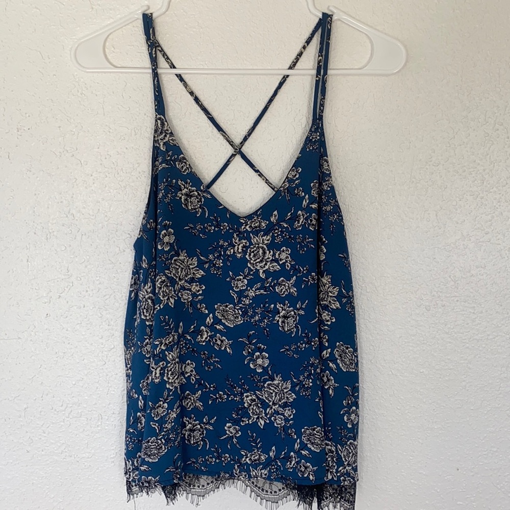 Blue Floral Tank with Black Lace Detail